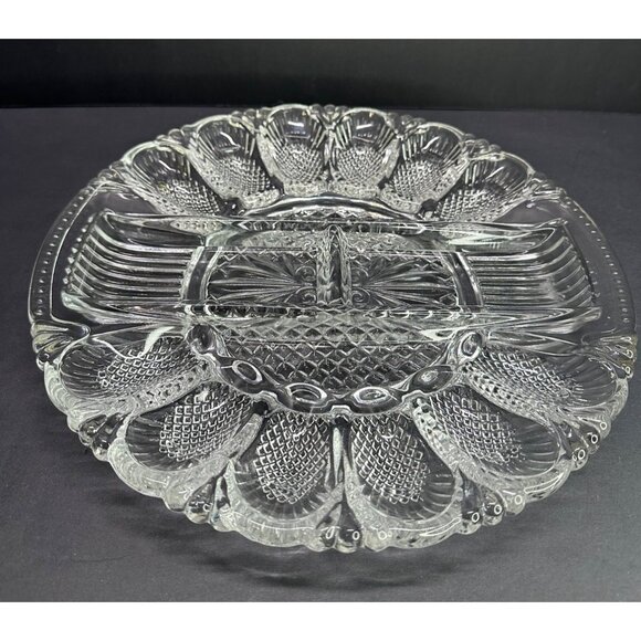 Vtg LE Smith Deviled Egg Plate Platter Relish Tray Dish Clear Glass Heritage 11" - Picture 1 of 10